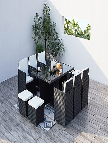 MONACO Table et chaises 10 places encastrables résine noir-blanc