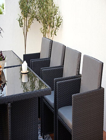 MONACO Table et chaises 12 places encastrables en résine noir-gris
