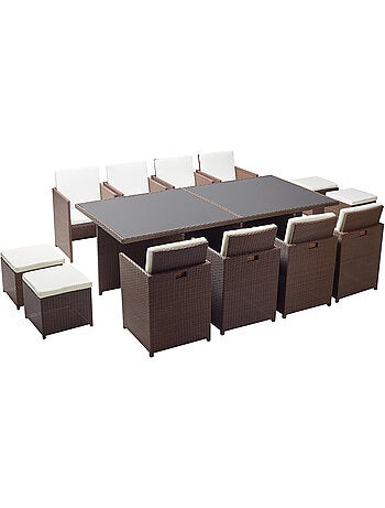 MONACO Table et chaises 12 places encastrables résine marron-blanc