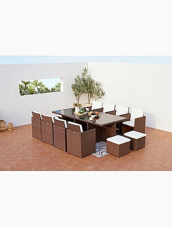 MONACO Table et chaises 12 places encastrables résine marron-blanc