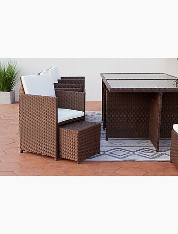 MONACO Table et chaises 12 places encastrables résine marron-blanc