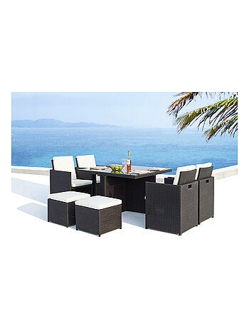 MONACO Table et chaises 8 places encastrables en résine noir-blanc