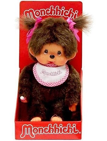 Monchhichi peluche fille bavoir rose et blanc 20 cm - 25555