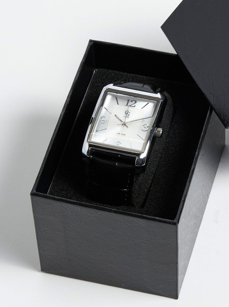 Montre rectangulaire acier inox et cuir façon croco Noir - Kiabi