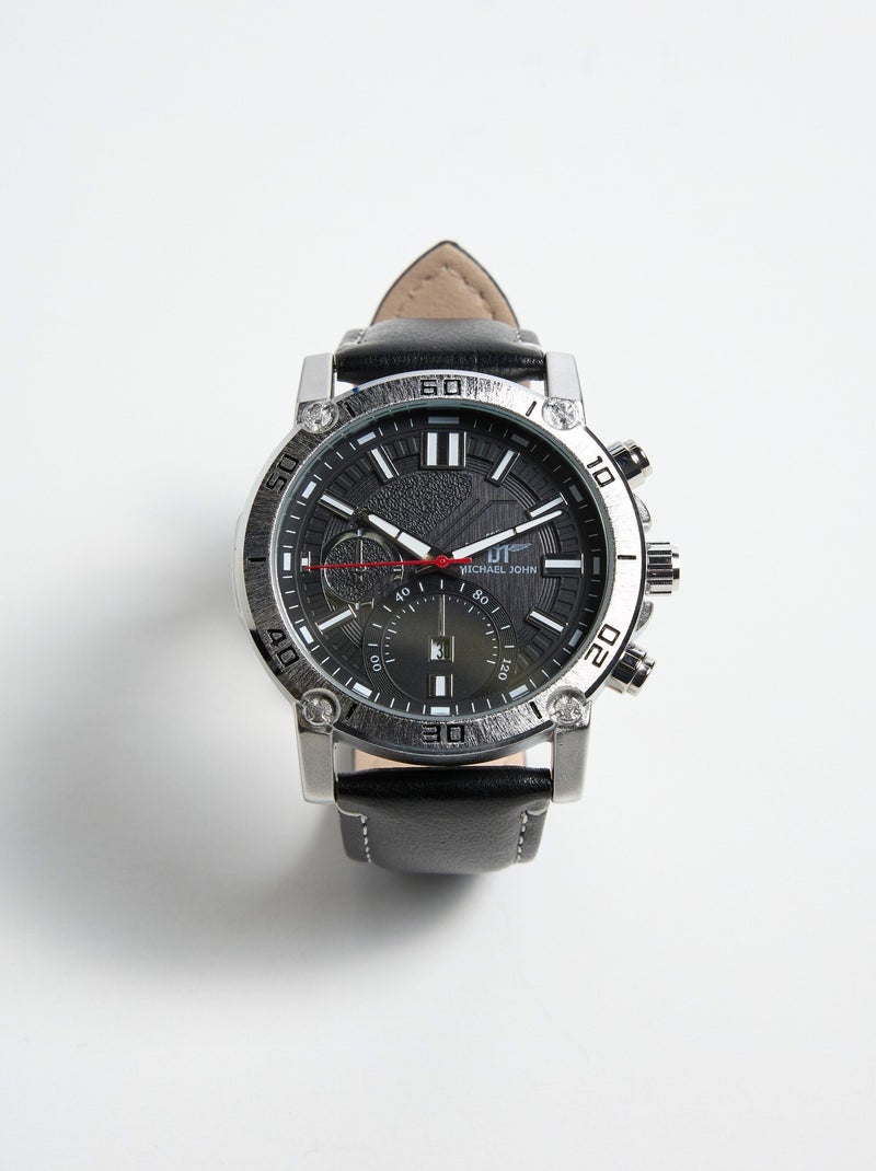 Montre ronde chronographe acier inox et cuir Noir - Kiabi
