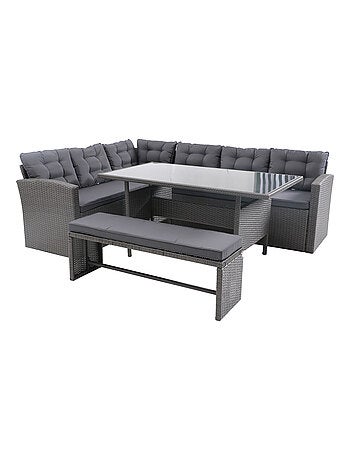 MOOREA - Salon de jardin modulable 8 places avec canapé d'angle en résine tressée gris foncé et écru