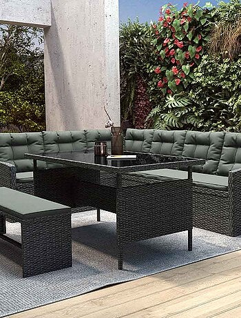 MOOREA - Salon de jardin modulable 8 places avec canapé d'angle en résine tressée gris foncé et écru