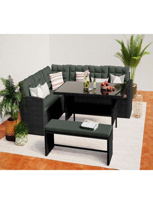 MOOREA - Salon de jardin 8 places avec canapé d'angle en résine tressée anthracite et vert - Kiabi