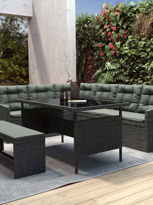 MOOREA - Salon de jardin 8 places avec canapé d'angle en résine tressée anthracite et vert - Kiabi