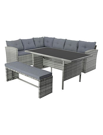 MOOREA - Salon de jardin 8 places avec canapé d'angle en résine tressée grise