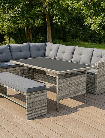 MOOREA - Salon de jardin 8 places avec canapé d'angle en résine tressée grise