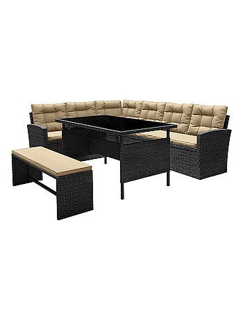 MOOREA - Salon de jardin modulable 8 places avec canapé d'angle en résine tressée gris foncé et écru
