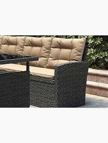 MOOREA - Salon de jardin modulable 8 places avec canapé d'angle en résine tressée gris foncé et écru