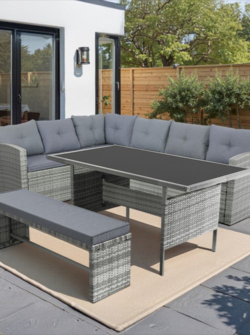 MOOREA Salon de jardin 8 places avec canapé d'angle en résine tressée grise - Kiabi