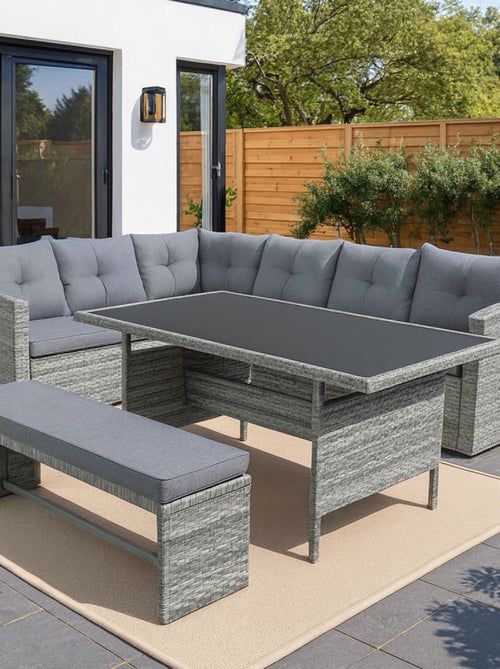 MOOREA Salon de jardin 8 places avec canapé d'angle en résine tressée grise - Kiabi
