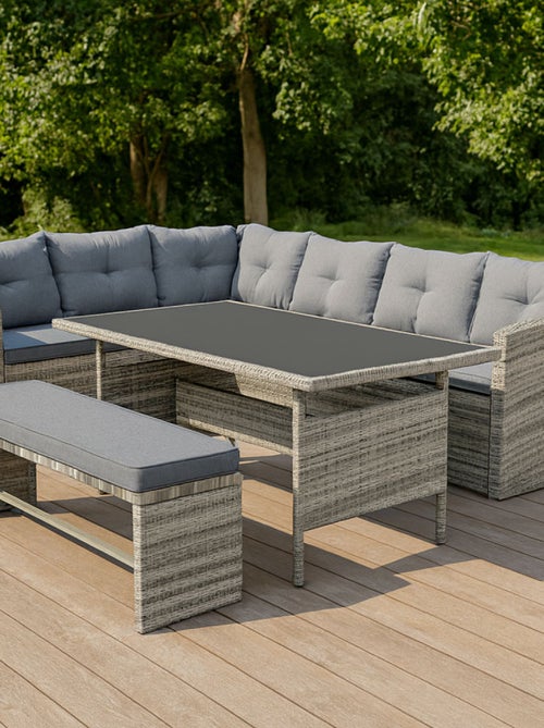MOOREA Salon de jardin 8 places avec canapé d'angle en résine tressée grise - Kiabi