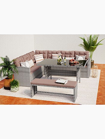 MOOREA Salon de jardin 8 places résine gris foncé et beige