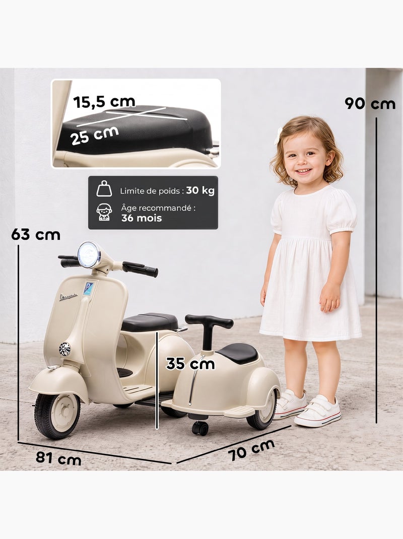 Moto électrique enfant scooter vespa side-car licence officielle 2 places Beige - Kiabi