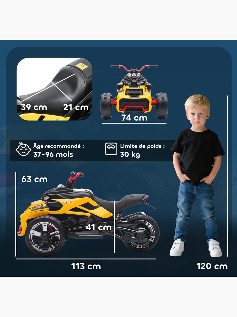 Moto électrique enfant trike side-car 12V 5Km/h max. effets sonores lumineux Jaune - Kiabi