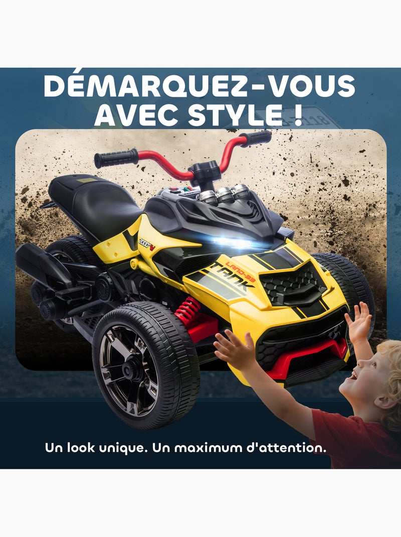 Moto électrique enfant trike side-car 12V 5Km/h max. effets sonores lumineux Jaune - Kiabi