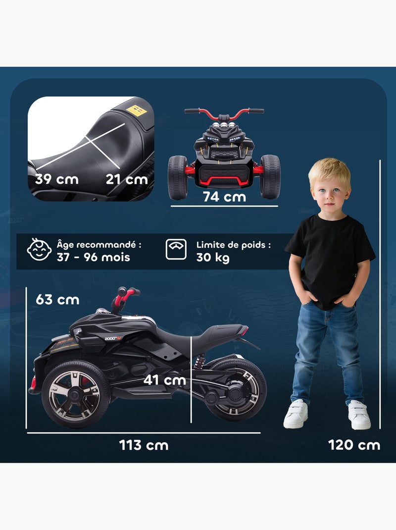 Moto électrique enfant trike side-car 12V 5Km/h max. effets sonores lumineux Noir - Kiabi