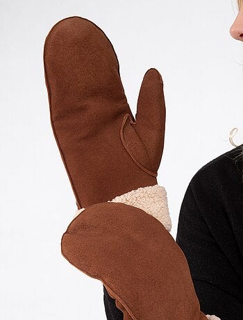 Moufles en cuir de chèvre velours, doublés imitation fourrure femme Isotoner