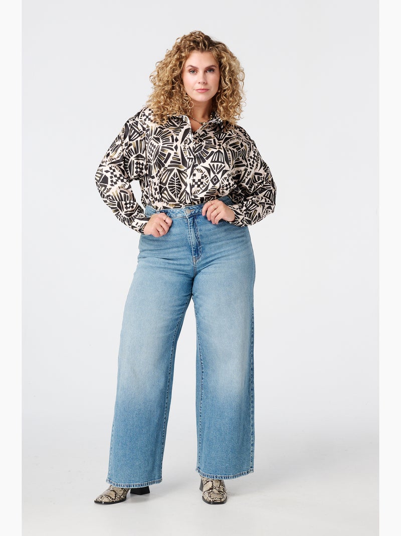 Chemisier Garçonne Vert Imprimé Géométrique - Taille Unique Jusqu'au 46, Polyester, Manches Longues