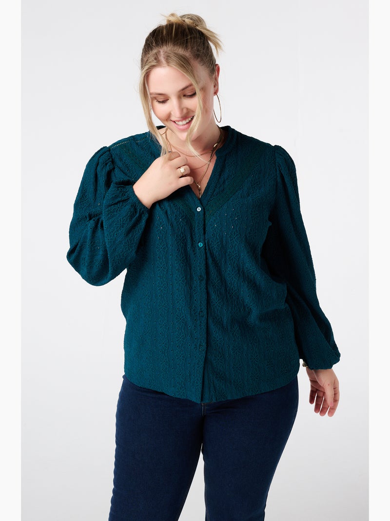 MS MODE Chemisier Top en jersey stretch à manches bouffantes