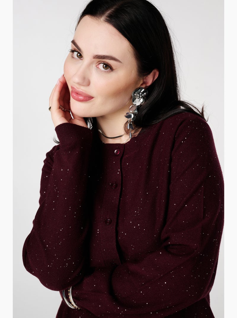 MS MODE Gilet Cardigan finement tricoté avec mini paillettes Bordeaux - Kiabi