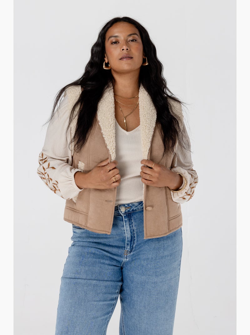 MS MODE Gilet sans manches Gilet avec doublure teddy Camel