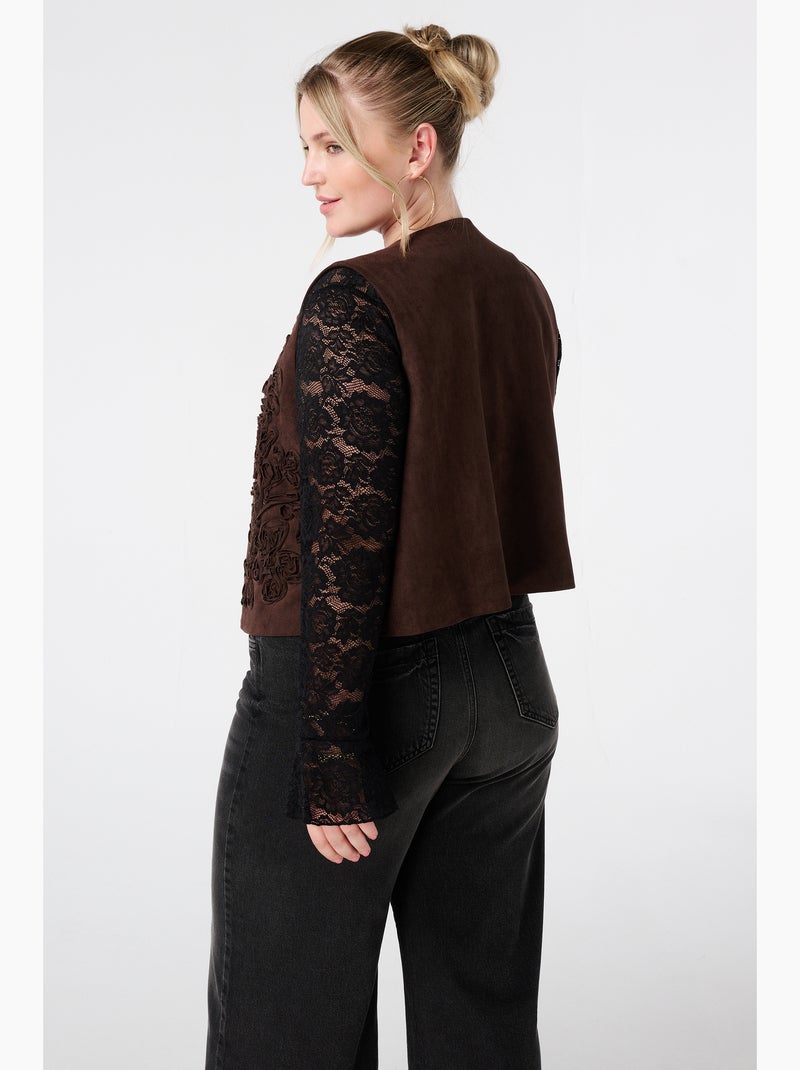 MS MODE Gilet sans manches Gilet en suède avec broderies Marron foncé - Kiabi