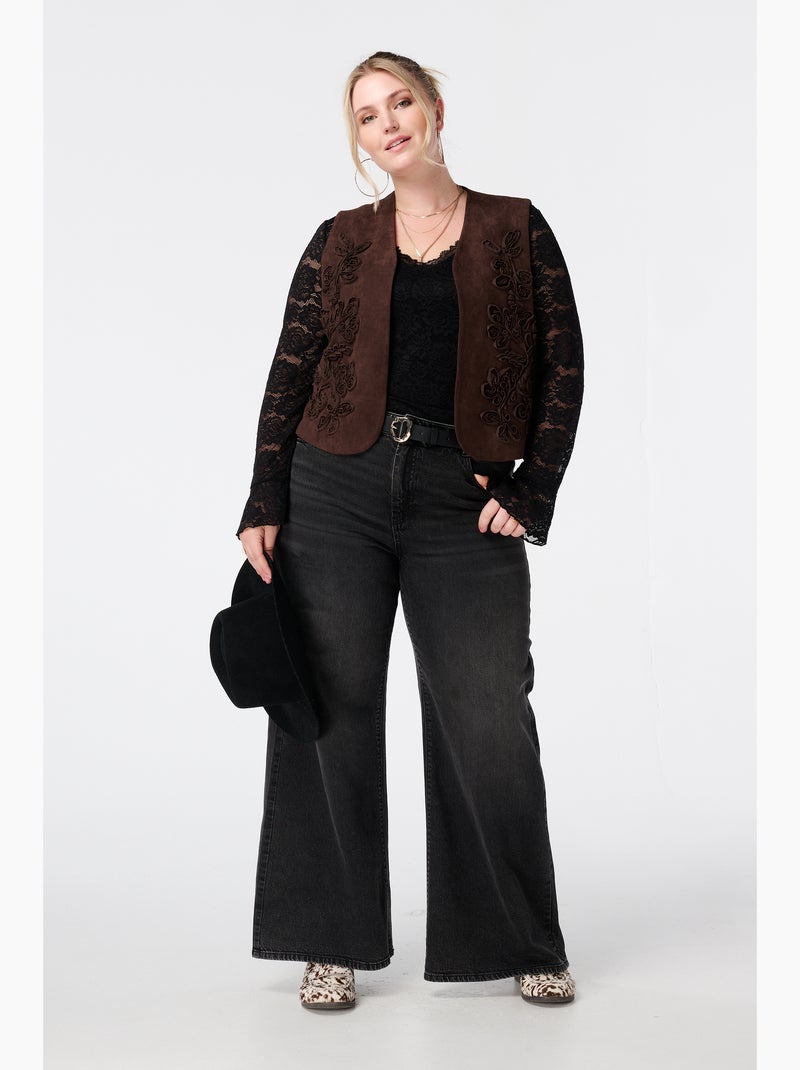 MS MODE Gilet sans manches Gilet en suède avec broderies Marron foncé - Kiabi