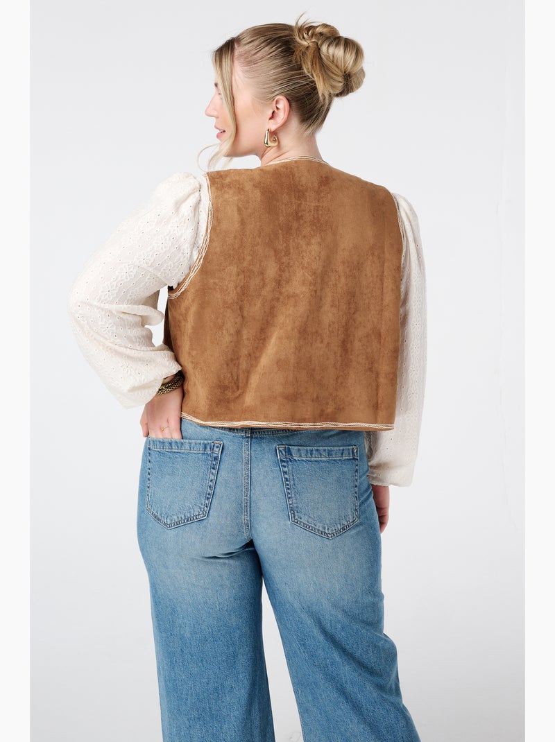 MS MODE Gilet sans manches Gilet en suédine avec broderie Cognac