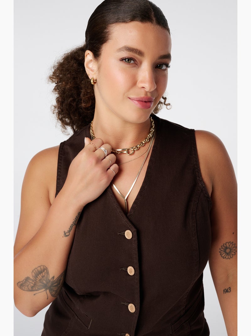 MS MODE Gilet sans manches Gilet long en denim Marron foncé - Kiabi