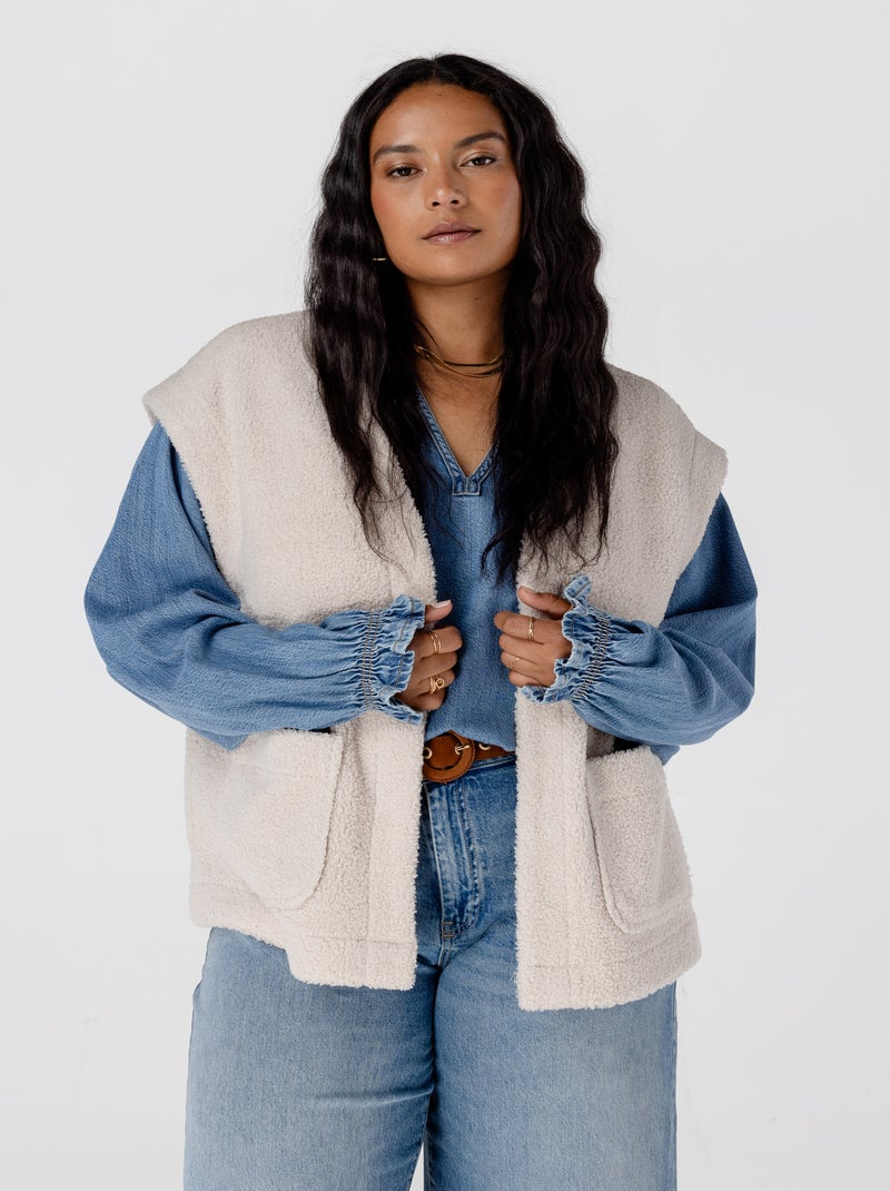 MS MODE Gilet sans manches Veste sans manches Teddy Blanc Beige Blanc - Kiabi