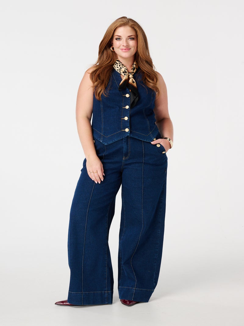 MS MODE Jean Jean à jambes évasées avec surpiqûres fantaisie Bleu Blanc - Kiabi