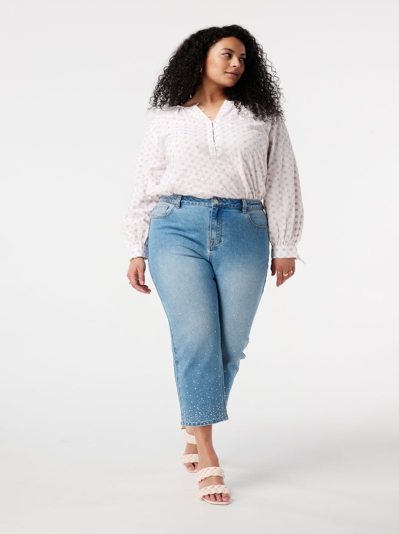 MS MODE Jean Jean droit cropped avec strass. Bleu Bleu marine - Kiabi