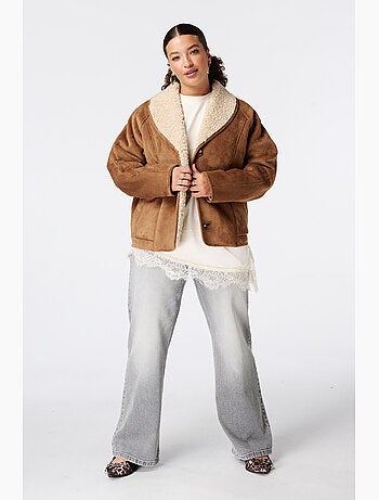 Ms Mode Manteaux manteau aspect suédine avec col en teddy