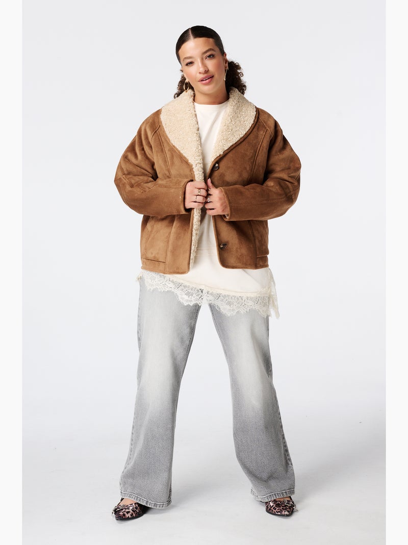 Ms Mode Manteaux manteau aspect suédine avec col en teddy Cognac - Kiabi