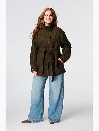 MS MODE Manteaux Manteau mi long à carreaux avec col montant