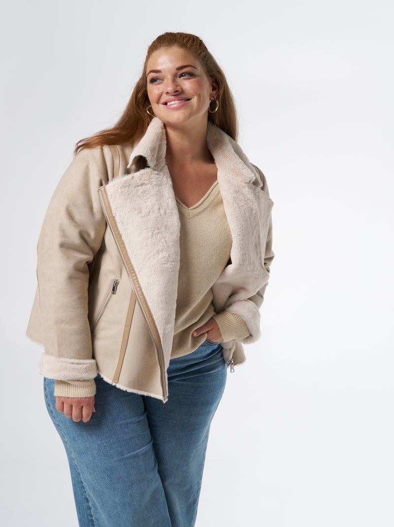 MS MODE Manteaux Veste de motard en daim Blanc cassé - Kiabi