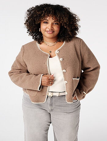 MS MODE Manteaux Veste Teddy avec coutures décoratives et fermeture à boutons