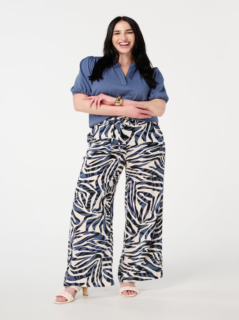 MS MODE Pantalon Pantalon fluide à imprimé Bleu Ecru - Kiabi