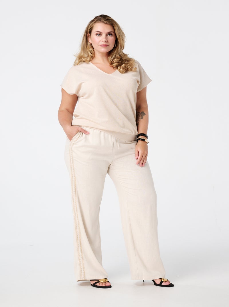 MS MODE Pantalon Pantalon large avec ceinture élastiquée Blanc cassé - Kiabi