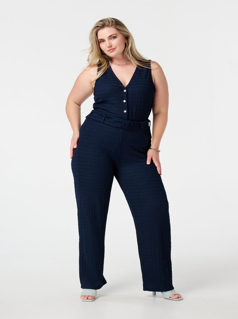 MS MODE Pantalon Pantalon texturé avec ceinture Bleu marine - Kiabi