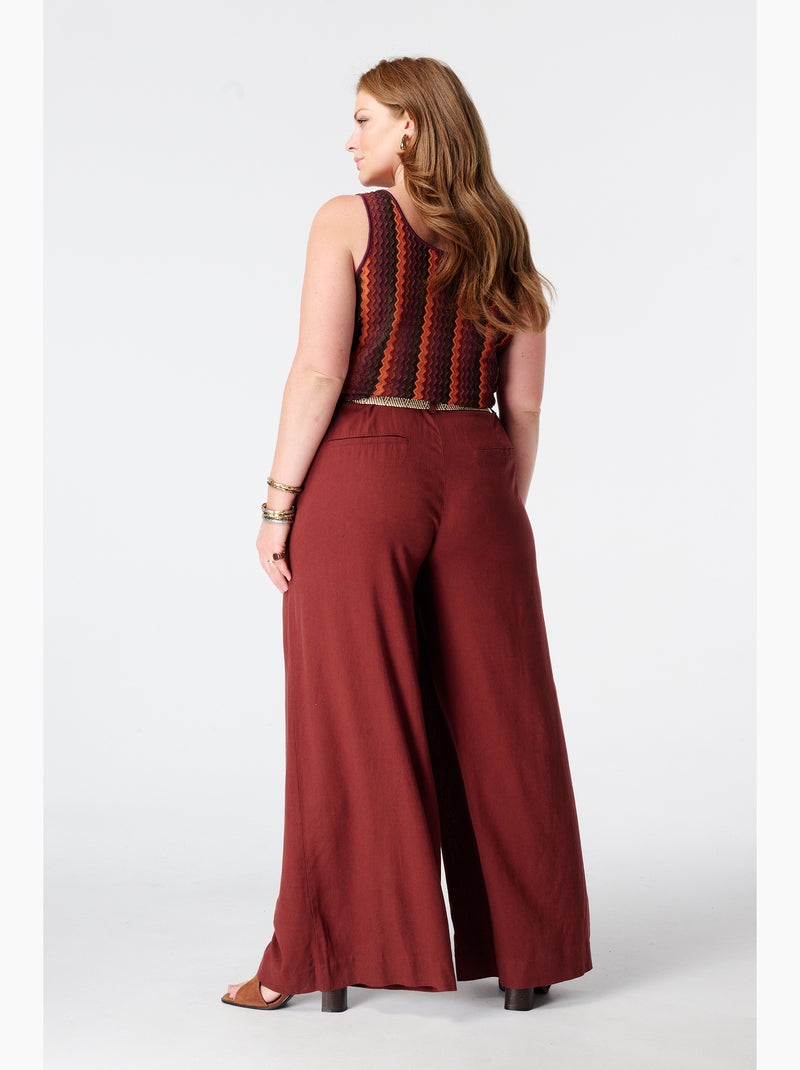 Ms mode pantalon wide leg en lin avec ceinture Rouge brique - Kiabi