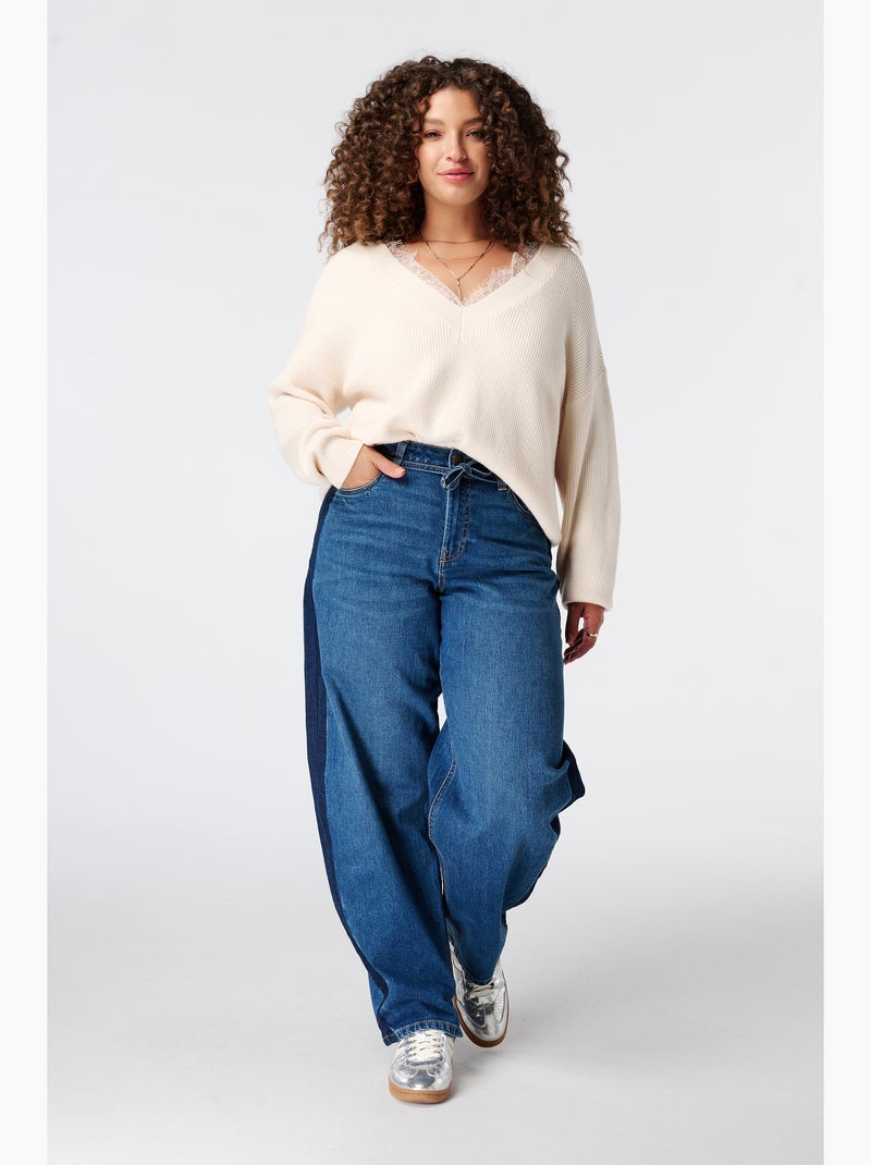 Ms mode pull à col en v avec dentelle Blanc cassé - Kiabi
