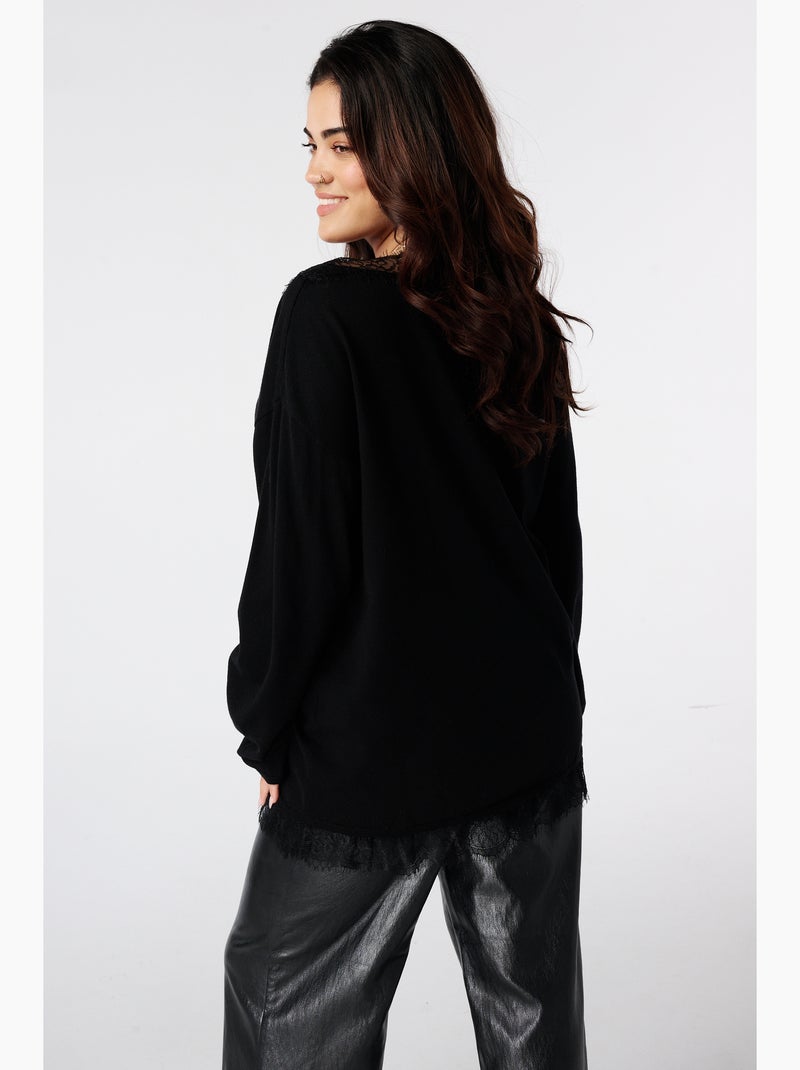 Ms mode pull en maille fine avec dentelle Noir - Kiabi