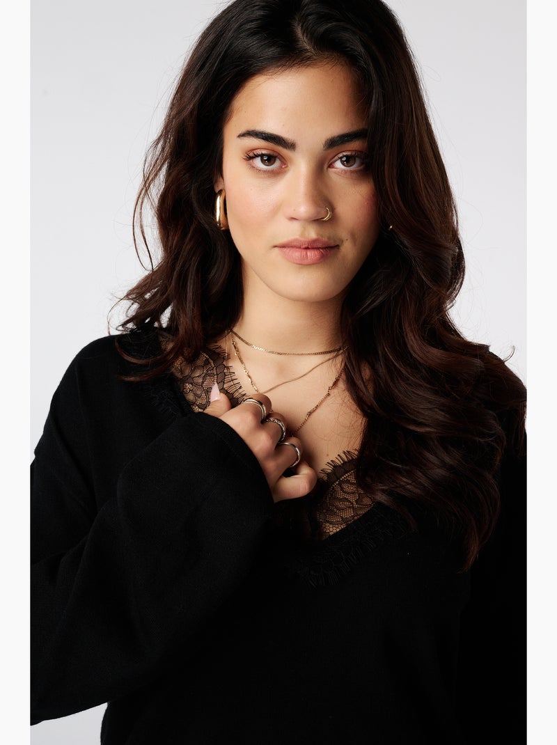 Ms mode pull en maille fine avec dentelle Noir - Kiabi