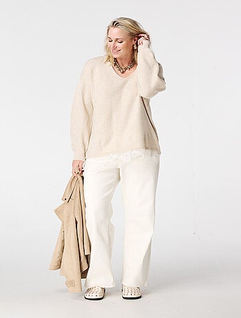 MS MODE Pull Pull à col en V avec bas en dentelle